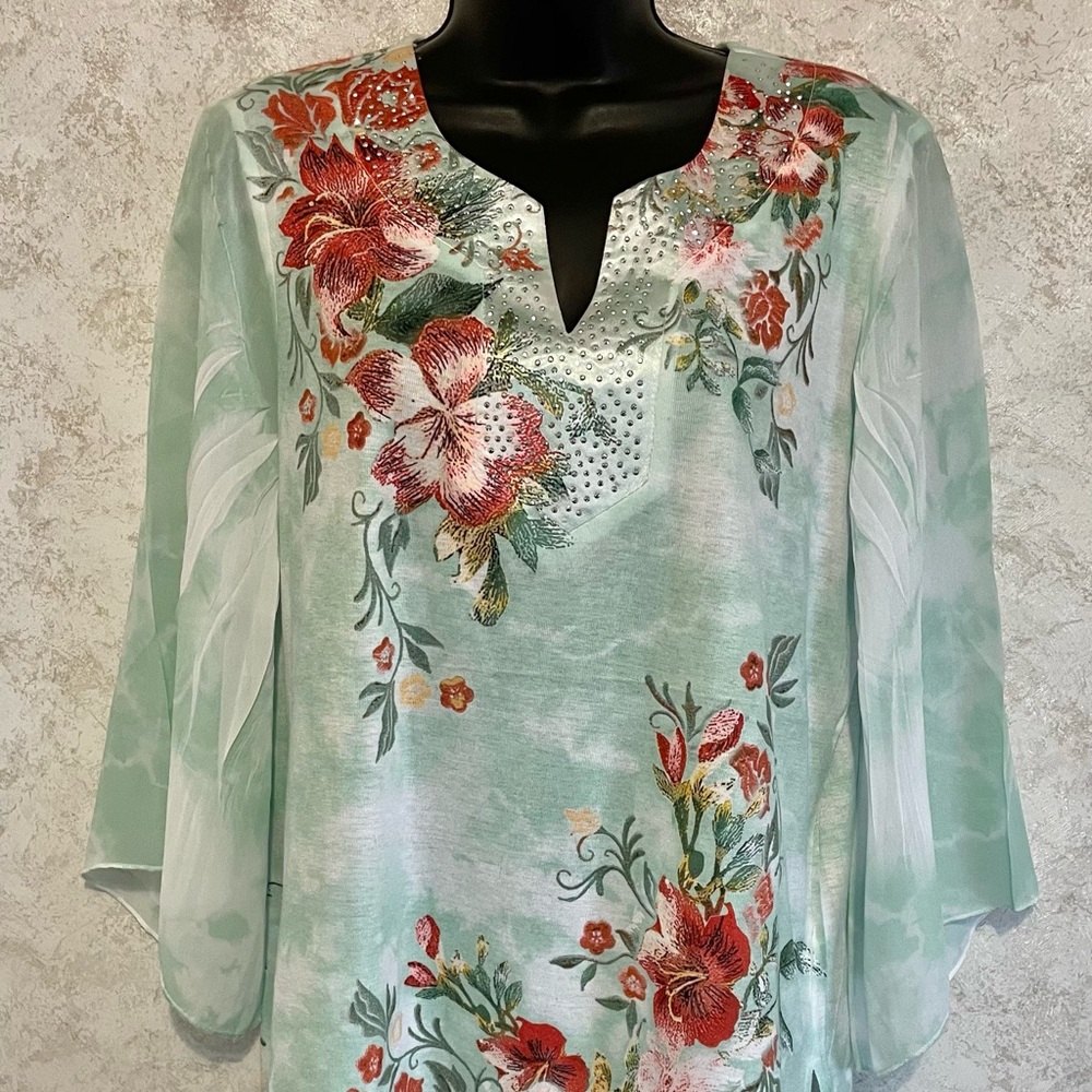 JM Colllection Petite Pull Over Knit Green Floral Decor Embellished at Neck PXL